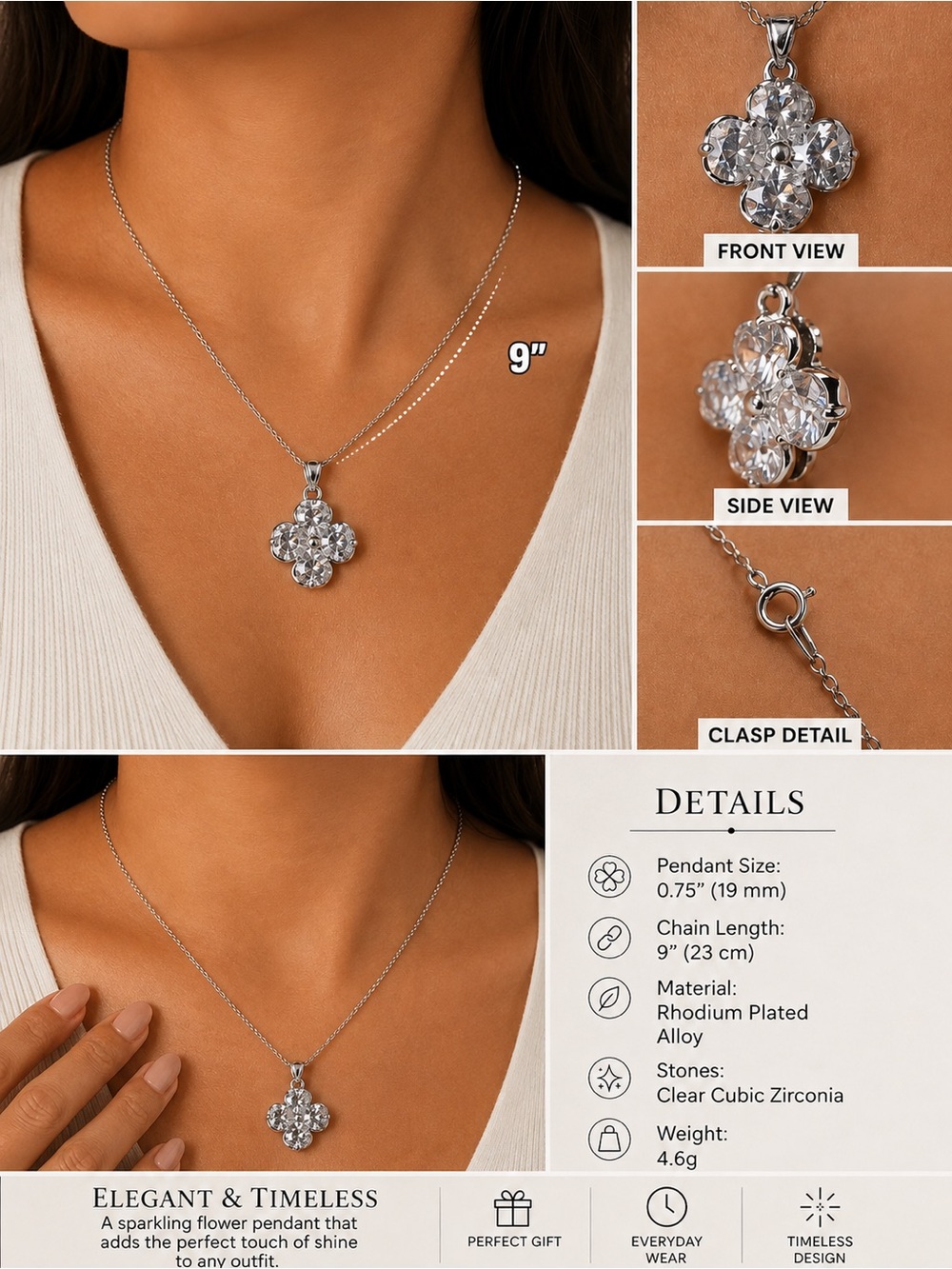 Rhodium-Plated Clear Crystal Flower Pendant Necklace - Silver